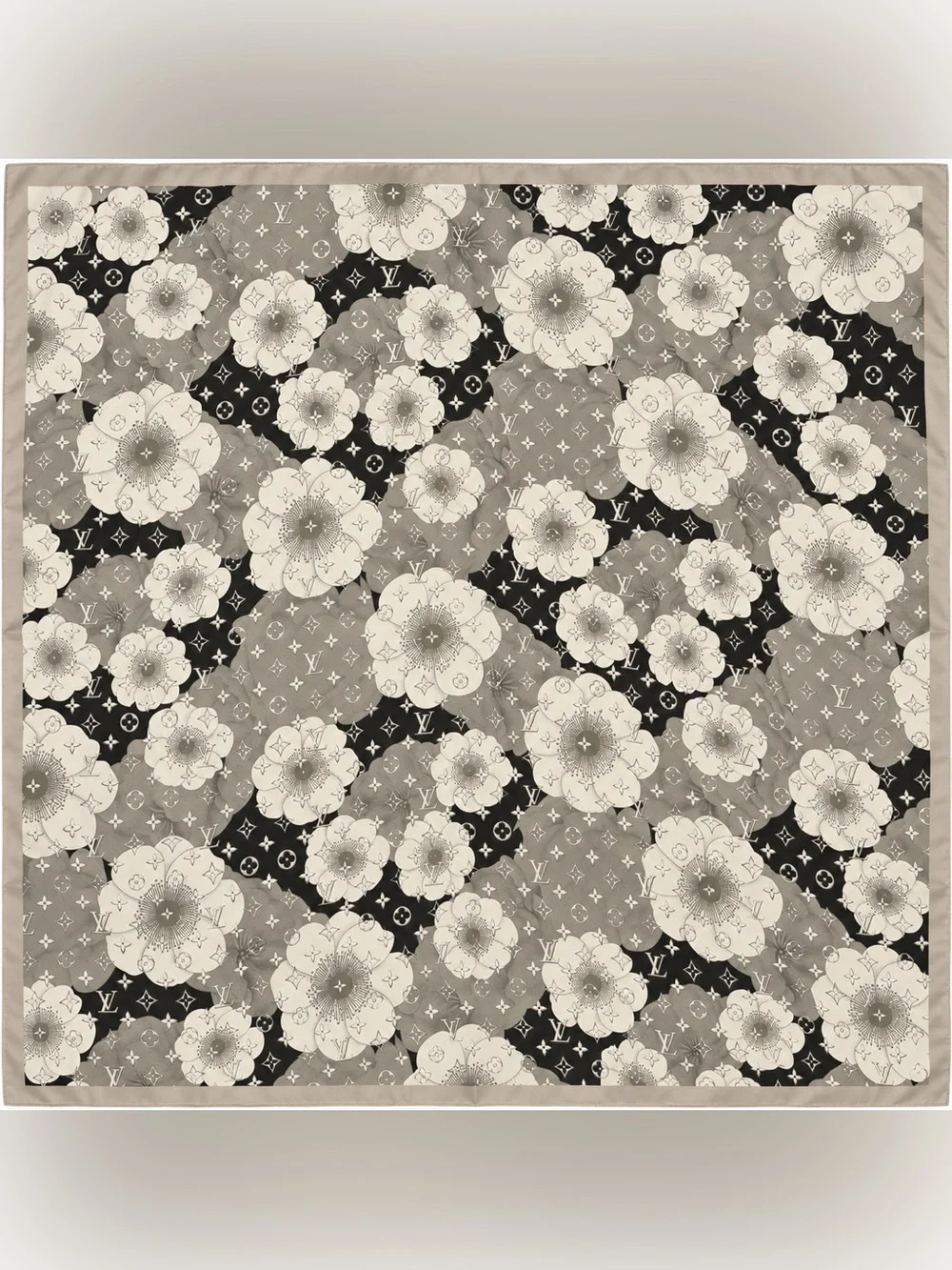Louis Vuitton floral Silk Scarf 35x35 gray Floral Monogram Lightweight